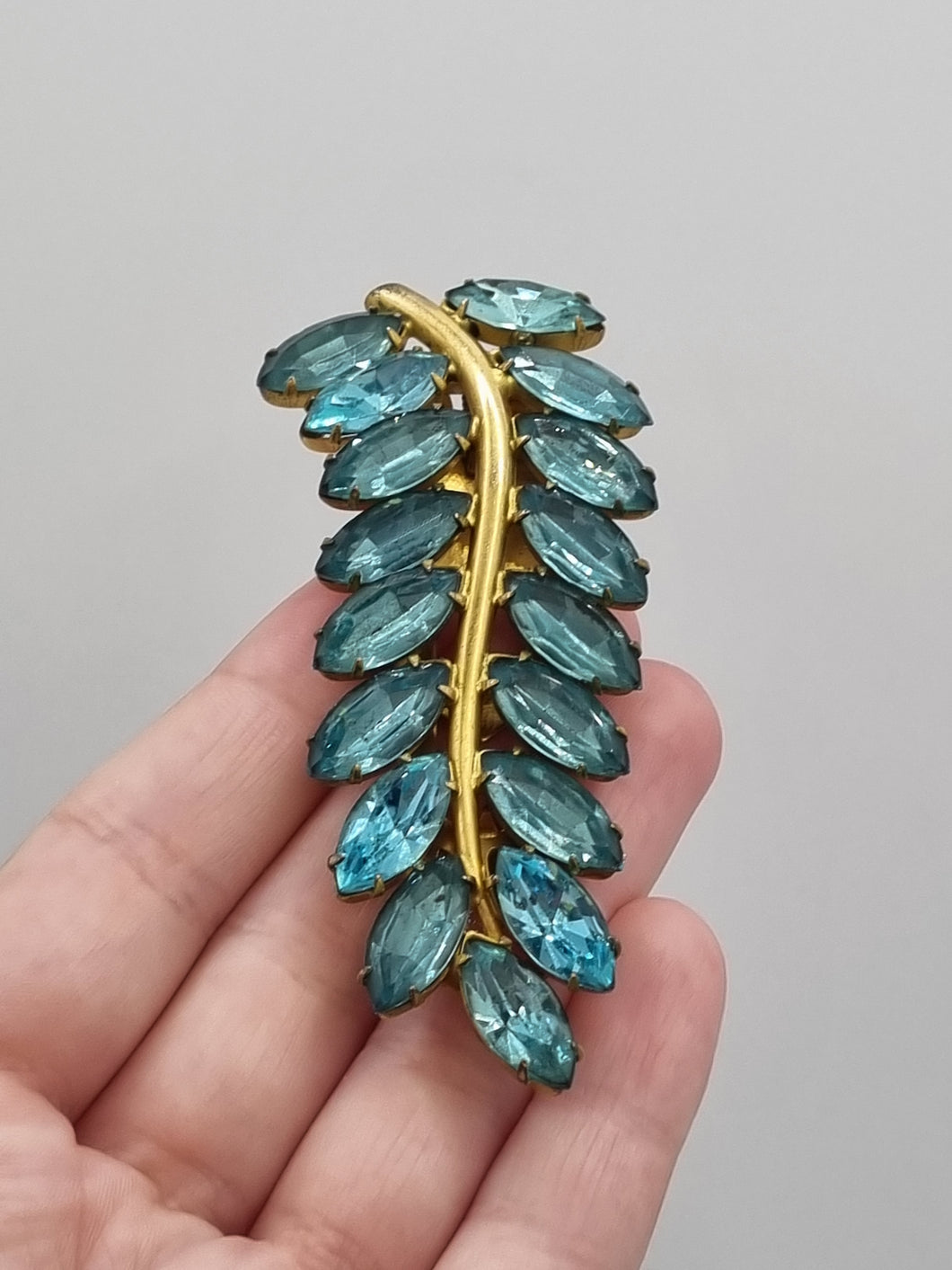 1930s Huge Art Deco Aqua Blue Glass Leaf Dress Clip