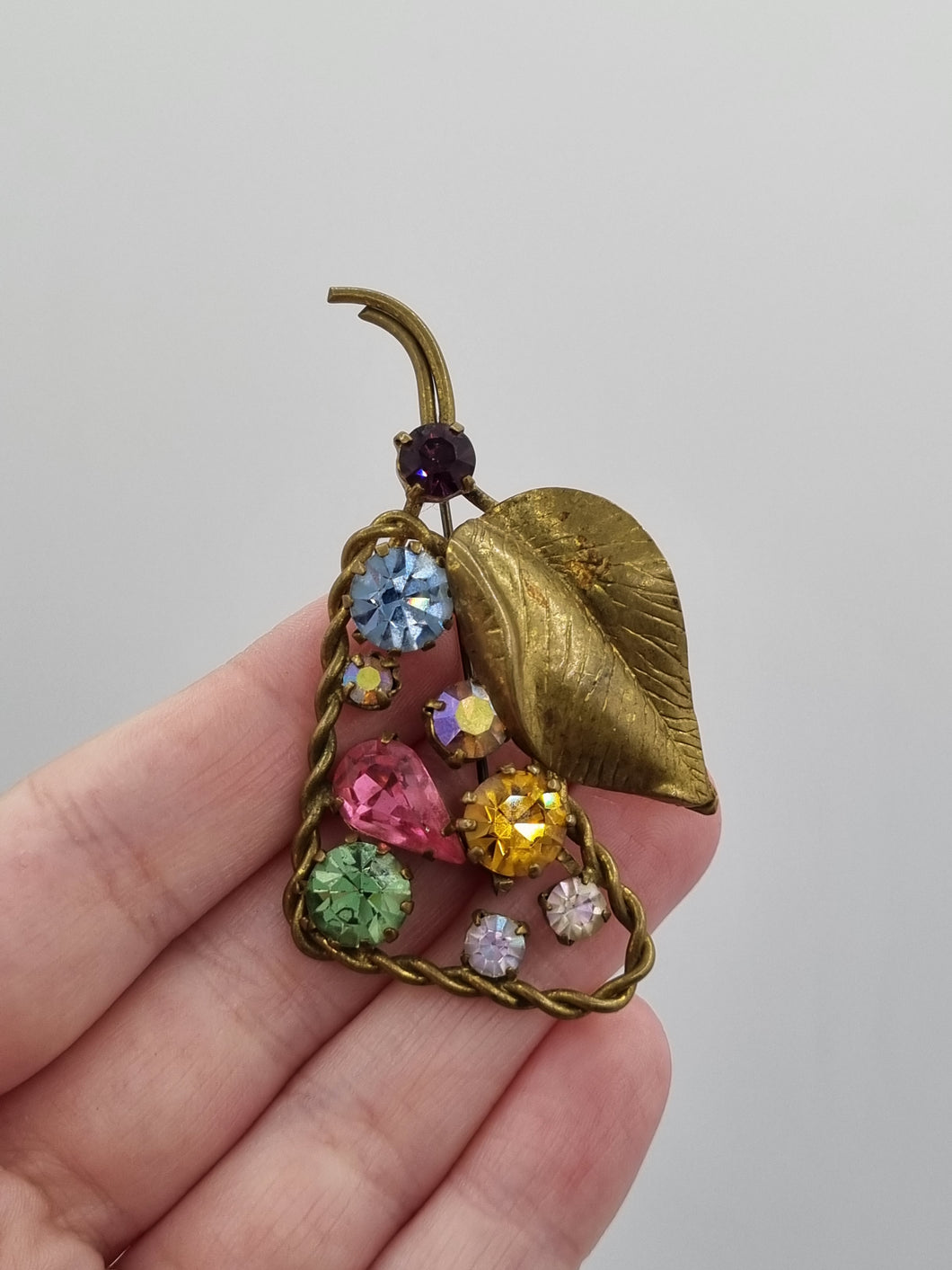 Early 1930s Brass and Multicoloured Glass Pear Brooch