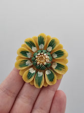Load image into Gallery viewer, 1940s Painted Green and Yellow Celluloid Flower Brooch
