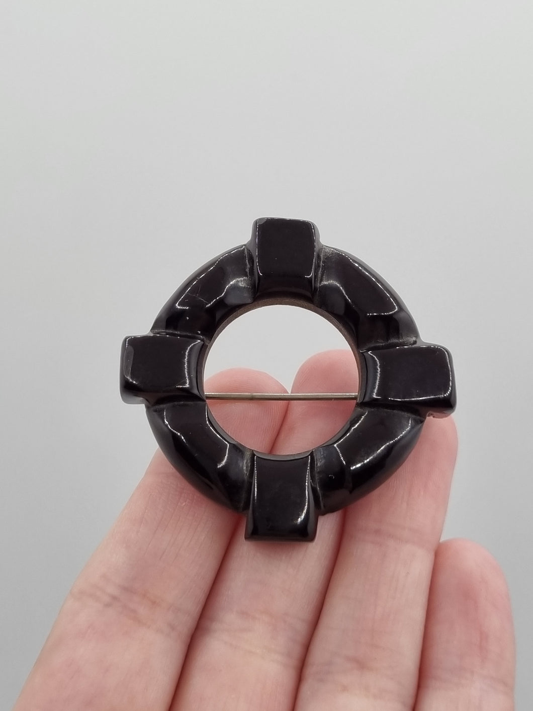 1940s Black Carved Bakelite Brooch
