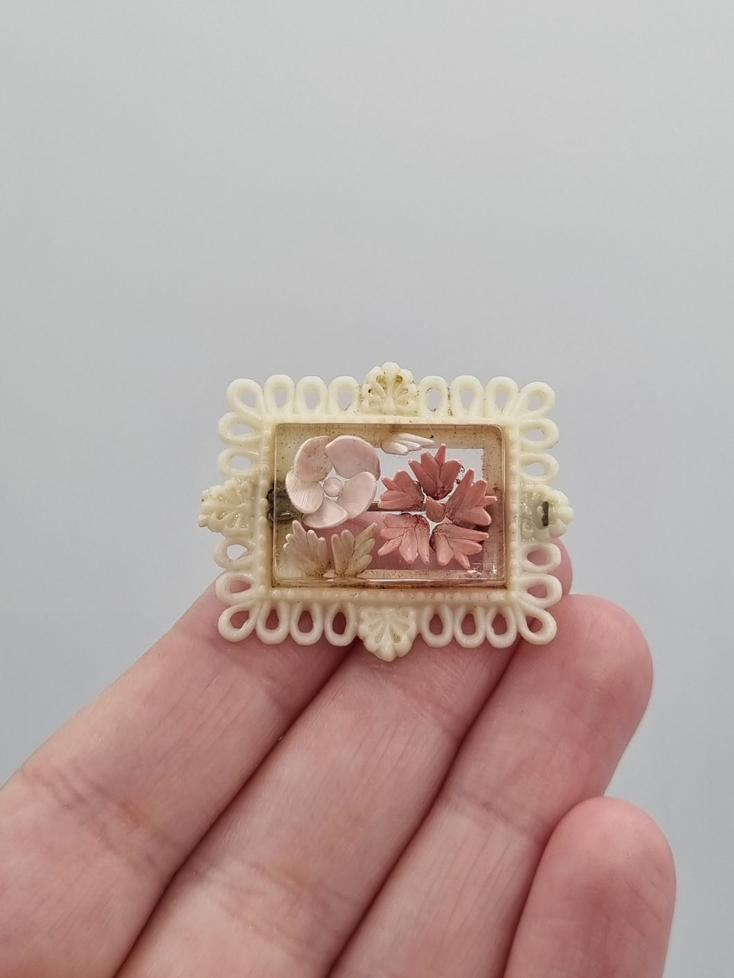 1940s Tiny Reverse Carved Lucite and Celluloid Flower Brooch