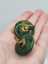 Load image into Gallery viewer, 1940s Cat Eye Shape Green and Yellow Marbled Bakelite Earrings
