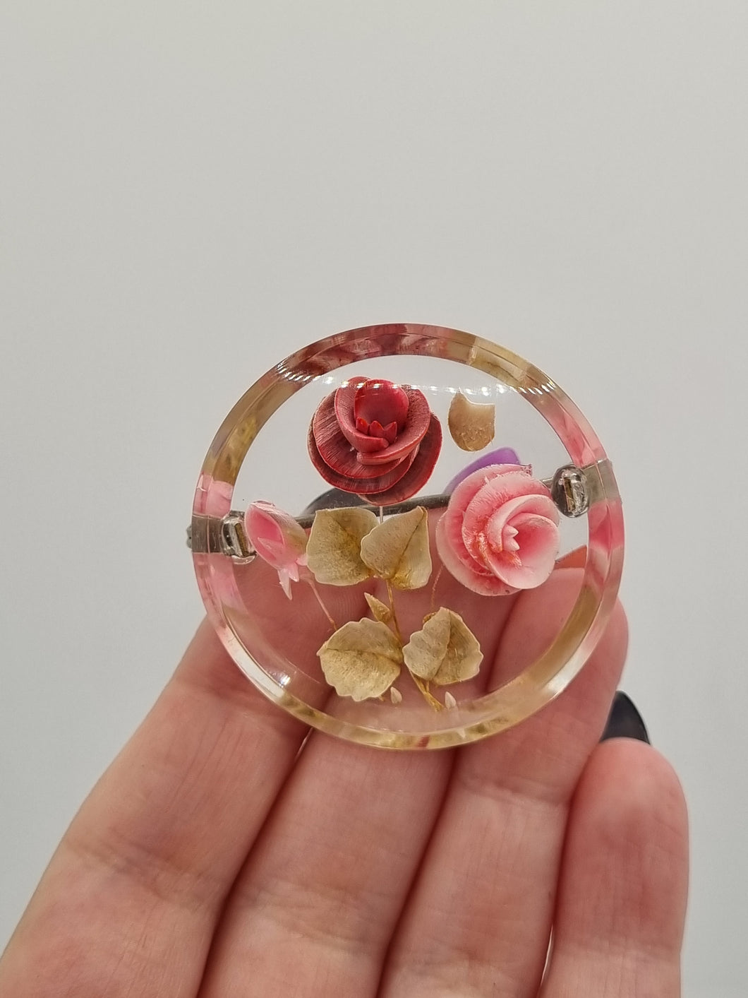 1940s Pink Rose Reverse Carved Lucite Brooch