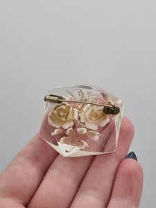 1940s White Flower Reverse Carved Lucite Brooch