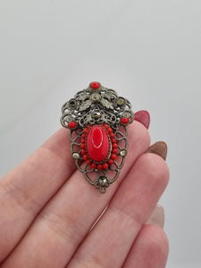 1930s Czech Filigree Red Glass Dress Clip