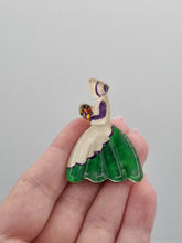 Load image into Gallery viewer, 1940s Reverse Carved Painted Lucite Crinoline Lady Brooch
