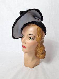 1940s Black and Duck Egg Blue Skull Cap Type Hat With Bow