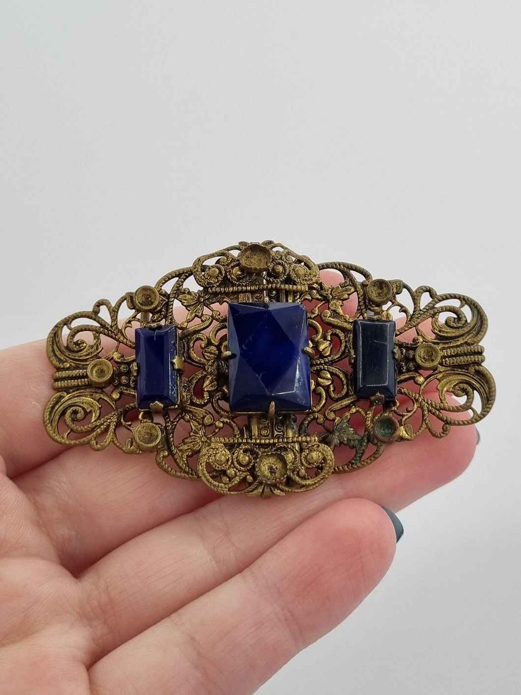 1930s Czech Blue Glass Filigree Buckle