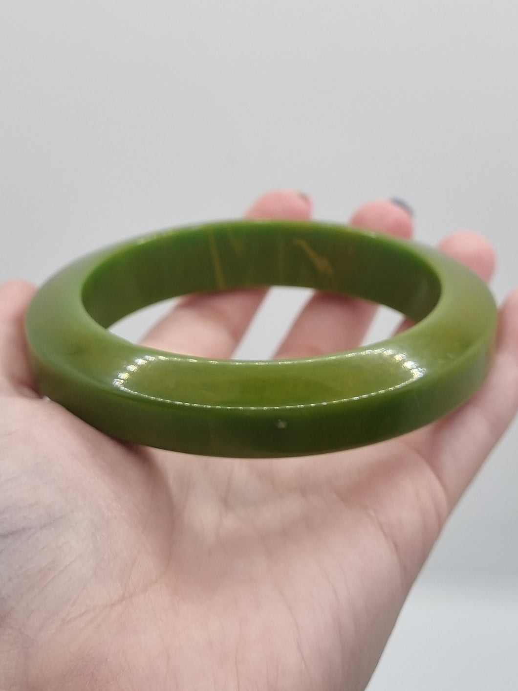 1940s Thick Olive Greem Marbeld Unusual Shape Bakelite Bangle