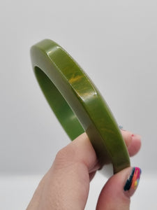 1940s Thick Olive Greem Marbeld Unusual Shape Bakelite Bangle