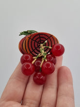 Load image into Gallery viewer, 1940s Book Piece Carved Wood Log and Cherries Bakelite Dangly Brooch
