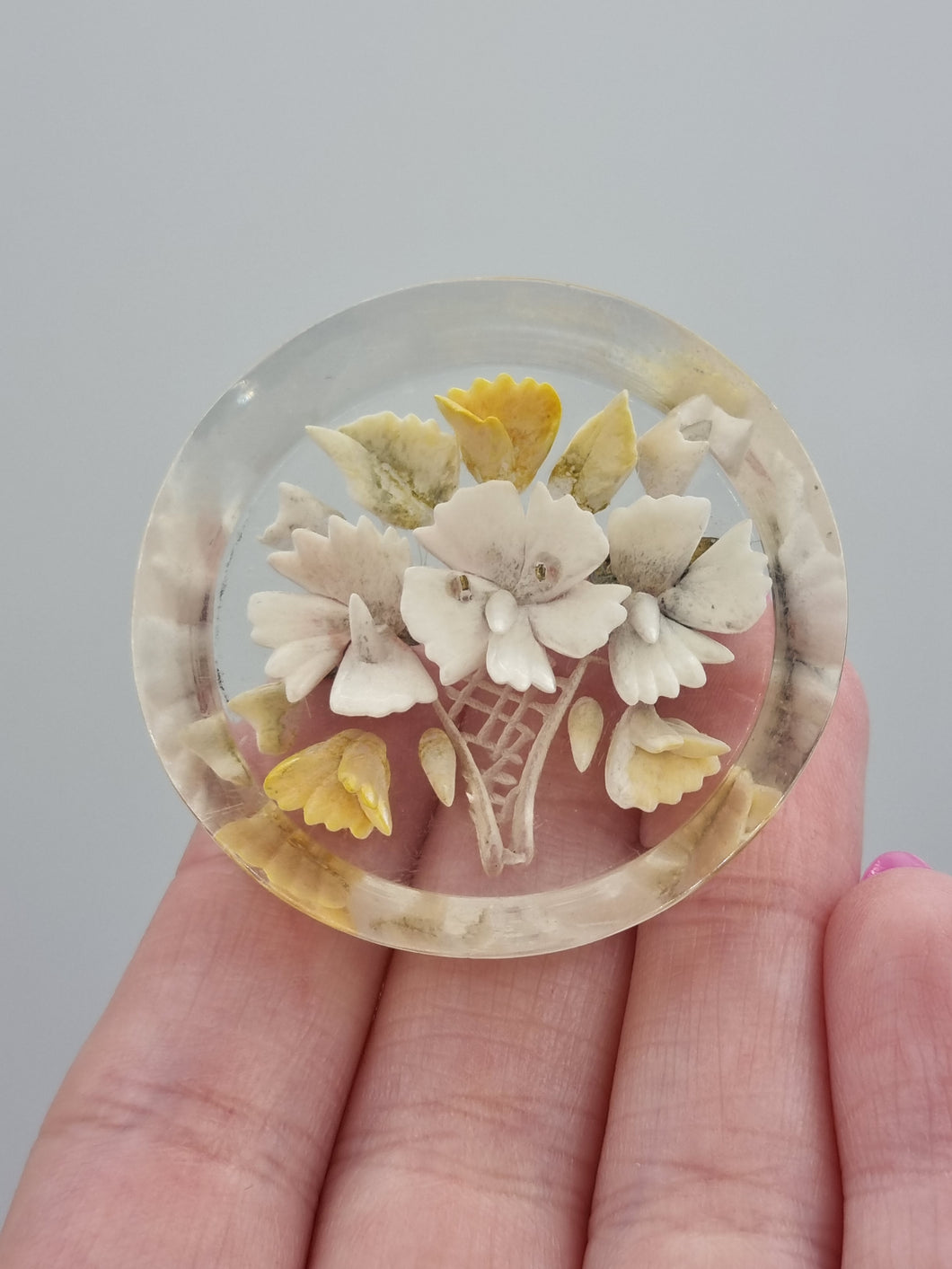 1940s White Reverse Carved Lucite Brooch
