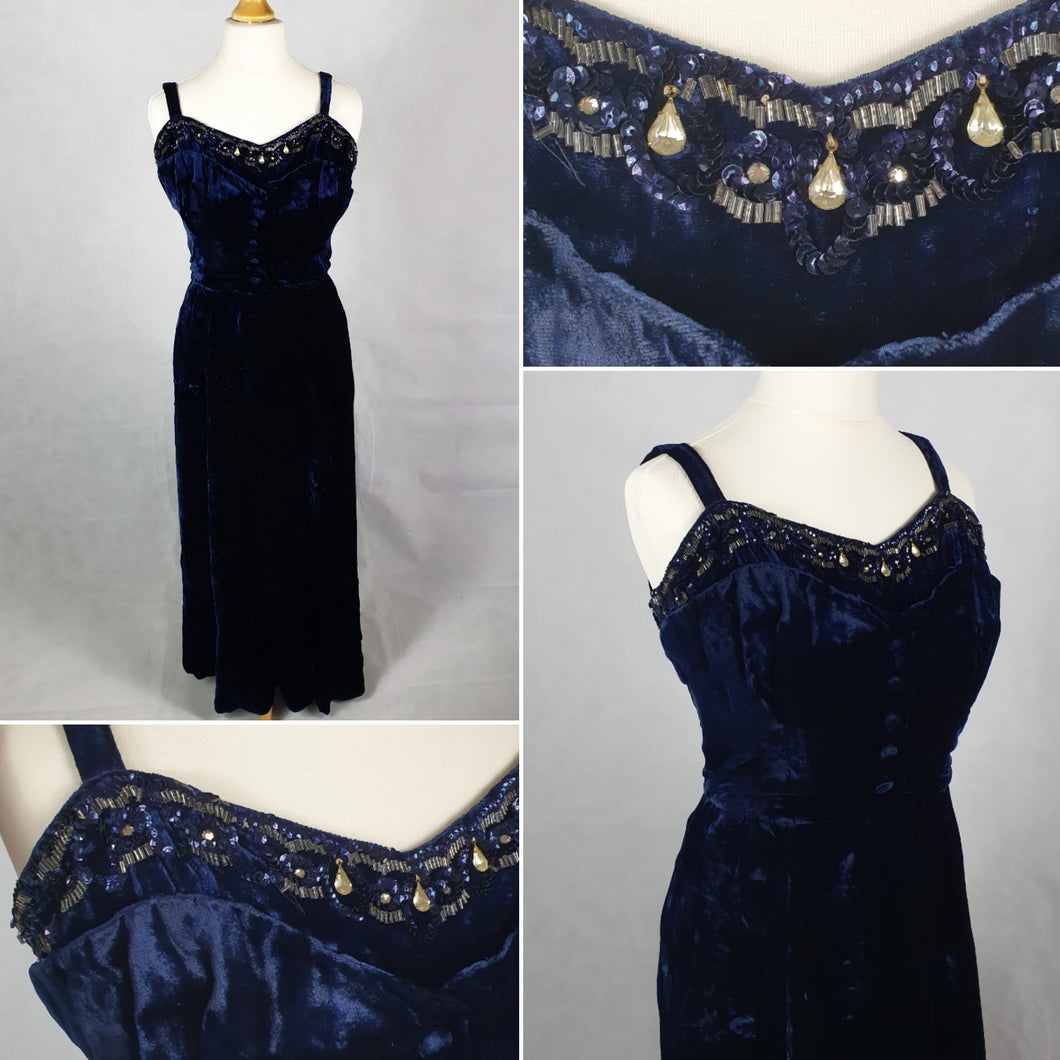 1940s Midnight Blue Silk Velvet Dress With Beading and Buttons