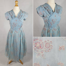 Load image into Gallery viewer, 1950s Pale Blue Chiffon Dress With Burgundy and White Flocked Flowers
