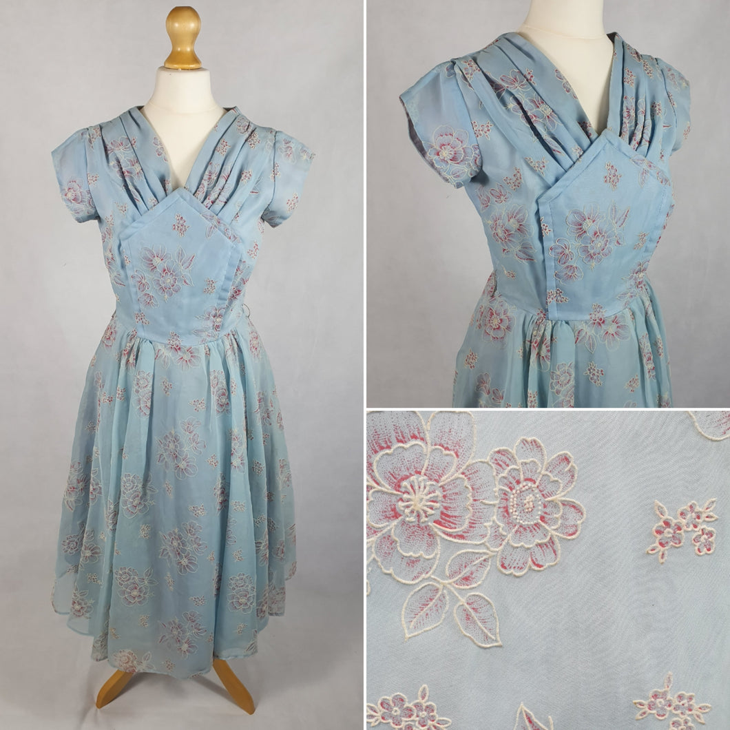 1950s Pale Blue Chiffon Dress With Burgundy and White Flocked Flowers