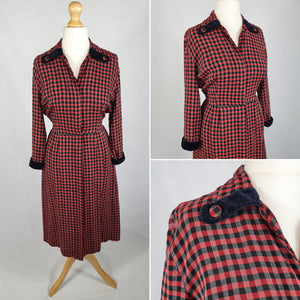 1940s/1950s Red and Black Checked Dress with Velvet Collar and Cuffs