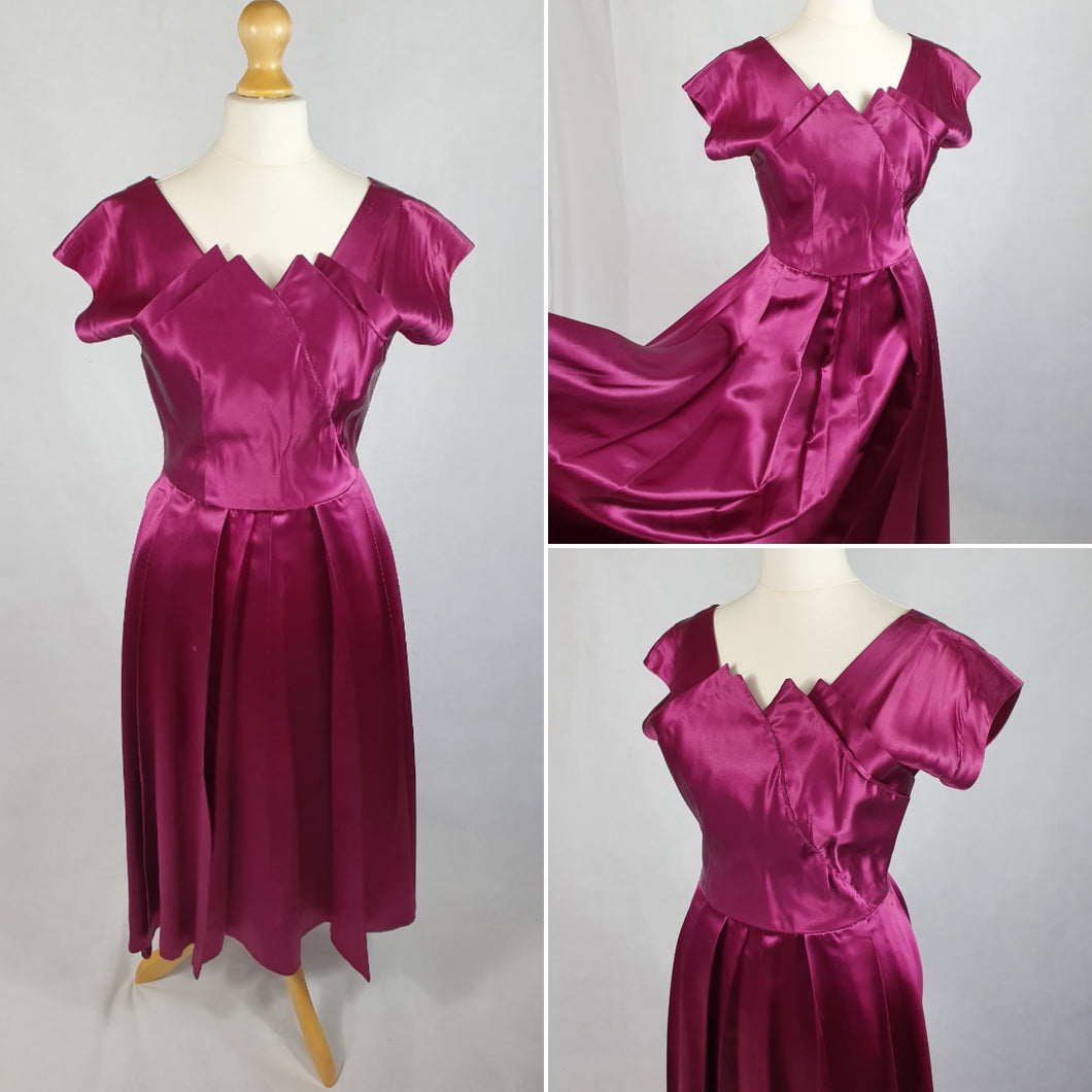 1950s Magenta Pink Liquid Satin Dress With Pleats and Layered Collar