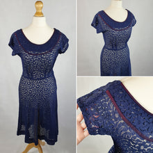 Load image into Gallery viewer, Late 1940s Navy Blue Lace Dress With Purple Trim
