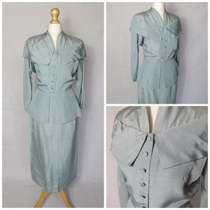 1940s Pale Blue Silk Suit With Peplum Collar and Raglan Sleeve