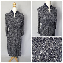 Load image into Gallery viewer, 1940s Navy Blue and White Paisley Print Dress
