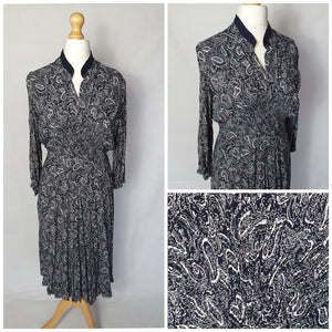 1940s Navy Blue and White Paisley Print Dress