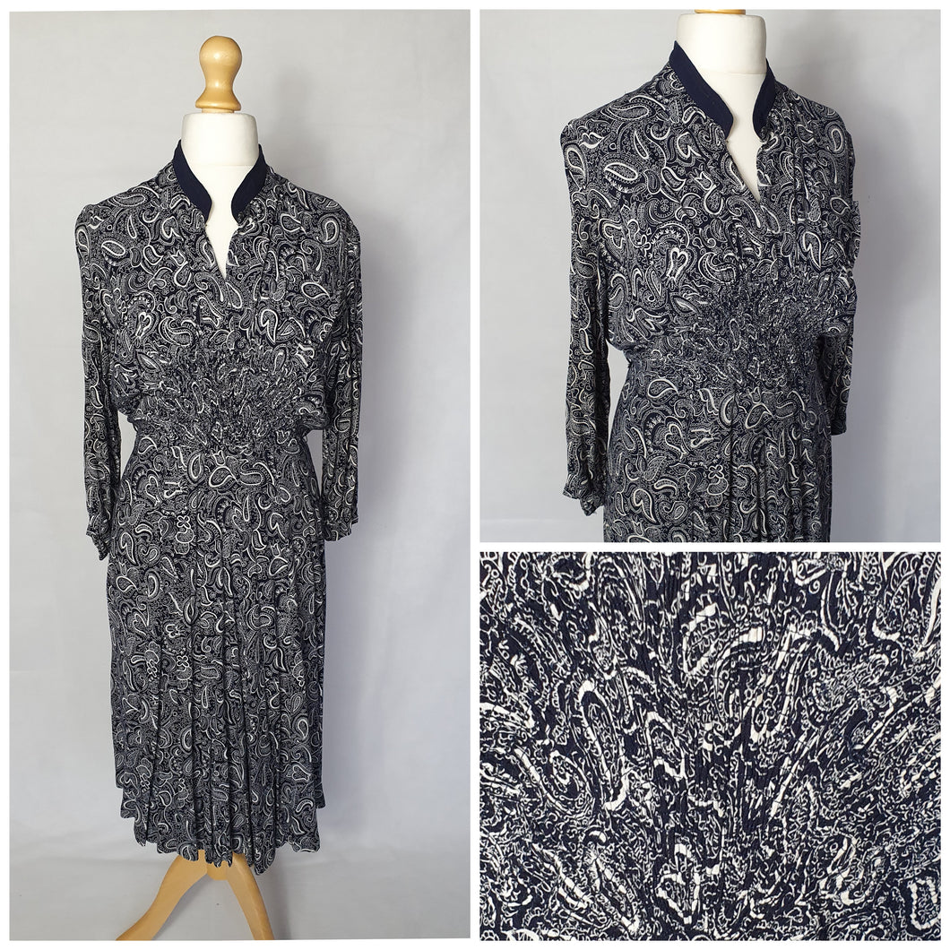 1940s Navy Blue and White Paisley Print Dress
