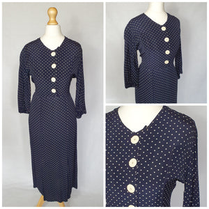 1930s Navy Blue and White Spotty Print Crepe Dress