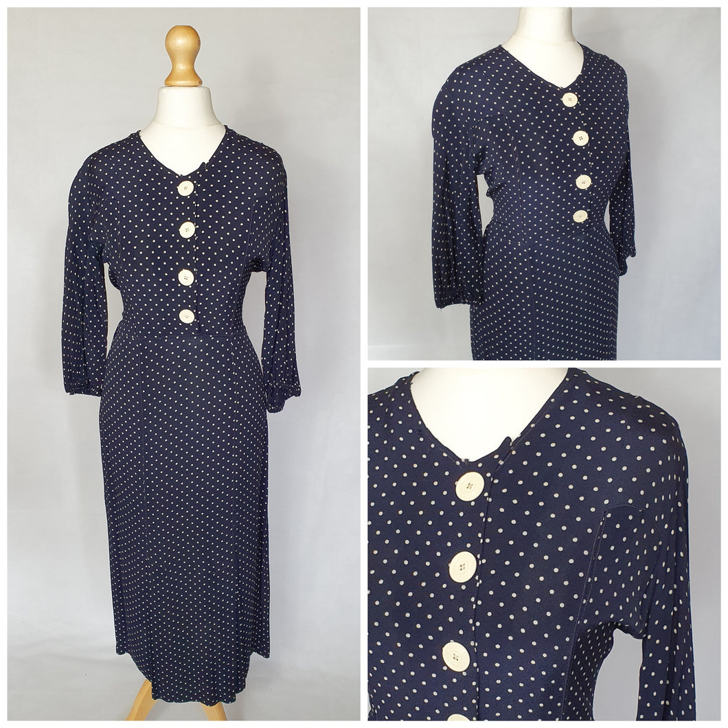 1930s Navy Blue and White Spotty Print Crepe Dress