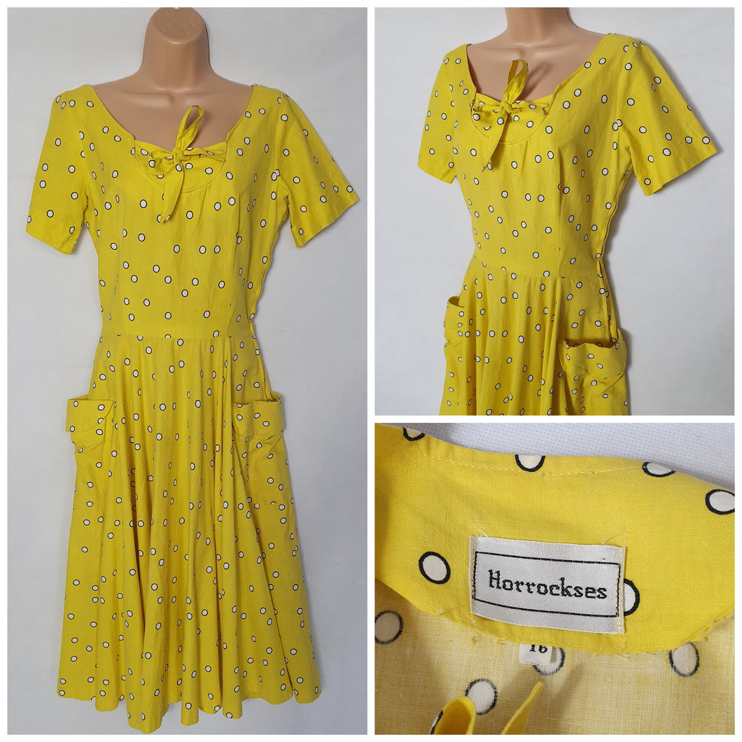 1950s Rare Horrockses Yellow, Black and White Spotty Print Dress