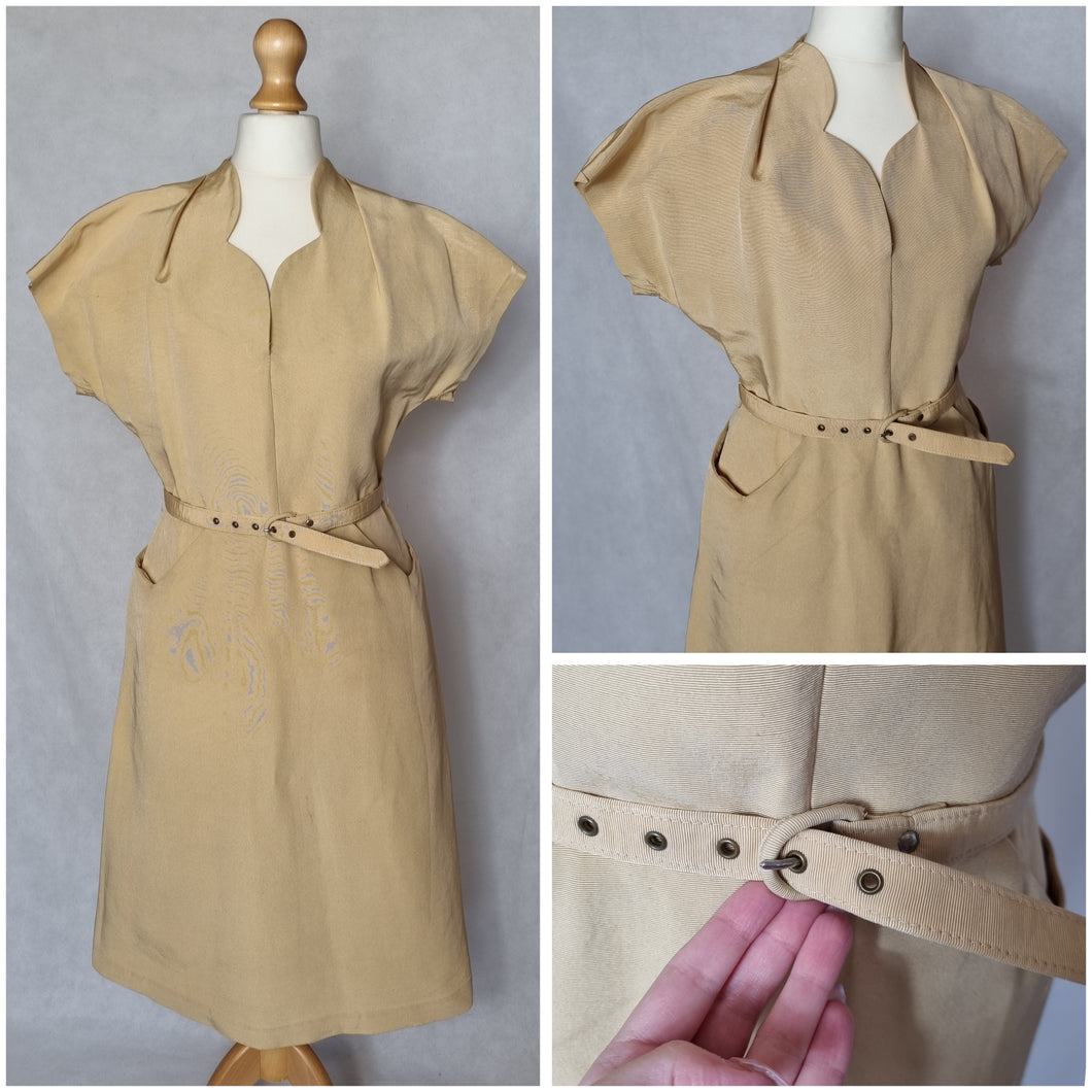 1950s Yellow Grosgrain Dress With Strong Shoulders